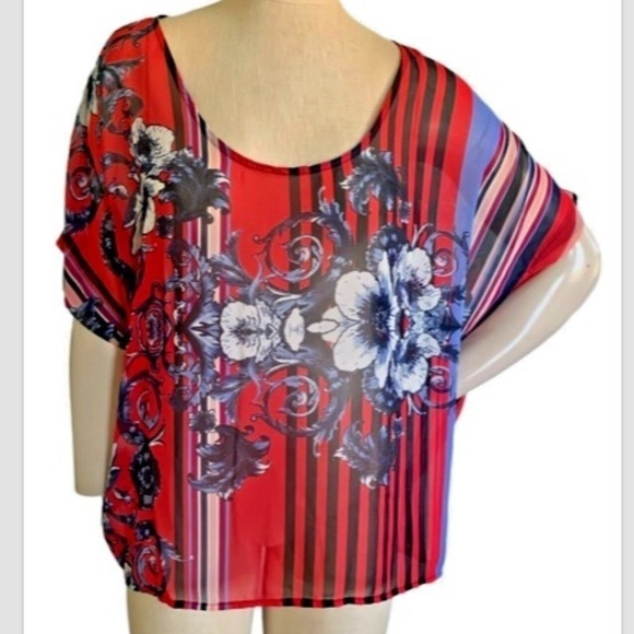 Allen B Relaxed Kimono Top Womens Sz L Pink Multicolor Floral Sheer #224E - Picture 1 of 4